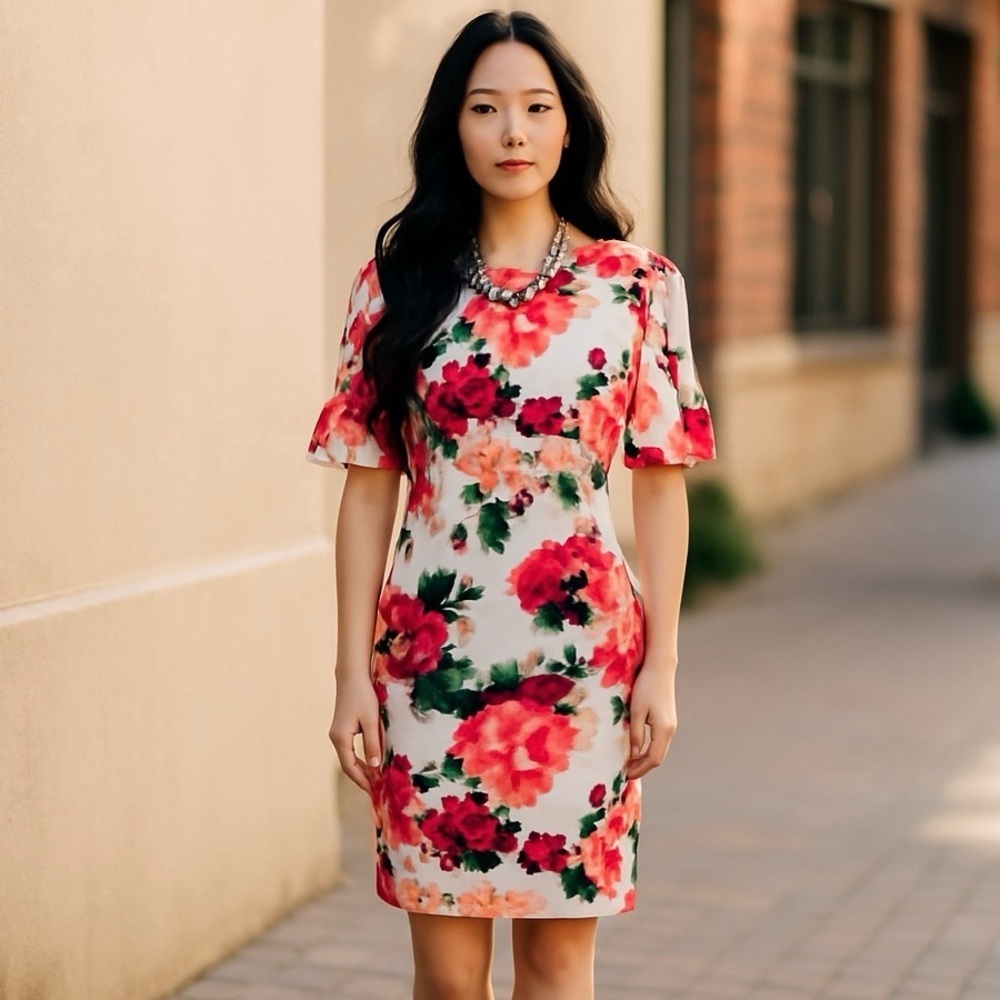 Eliza J Pink Floral Scuba Sheath Dress with Puffy Statement Sleeves Size 6